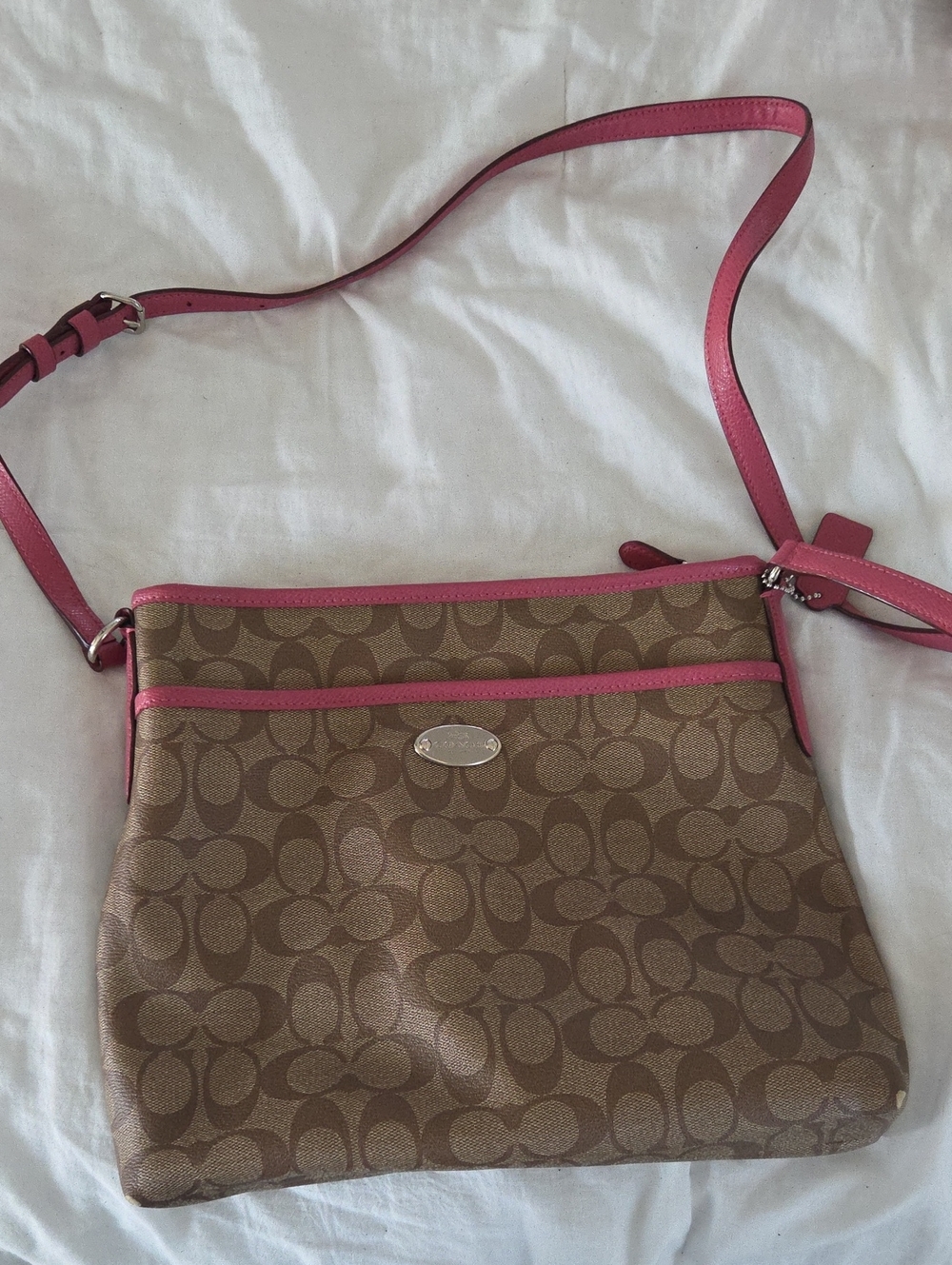 Coach Brown Signature Crossbody with Pink Trim